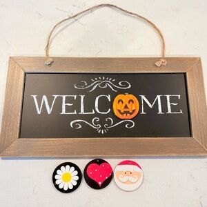 Wooden Welcome Sign with Seasonal Interchangeable decorative inserts.